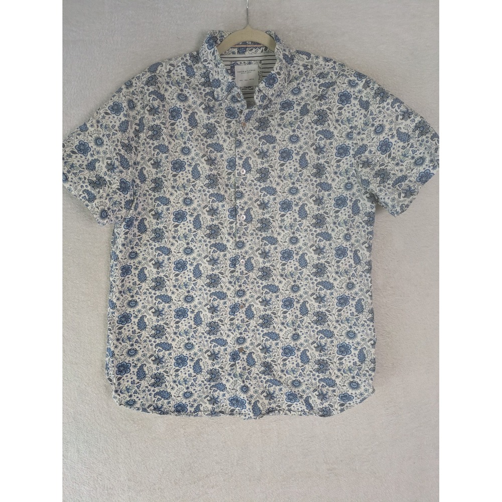 Denim & Flower Button Down Shirt Men's Large Blue Floral Paisley Short Sleeve